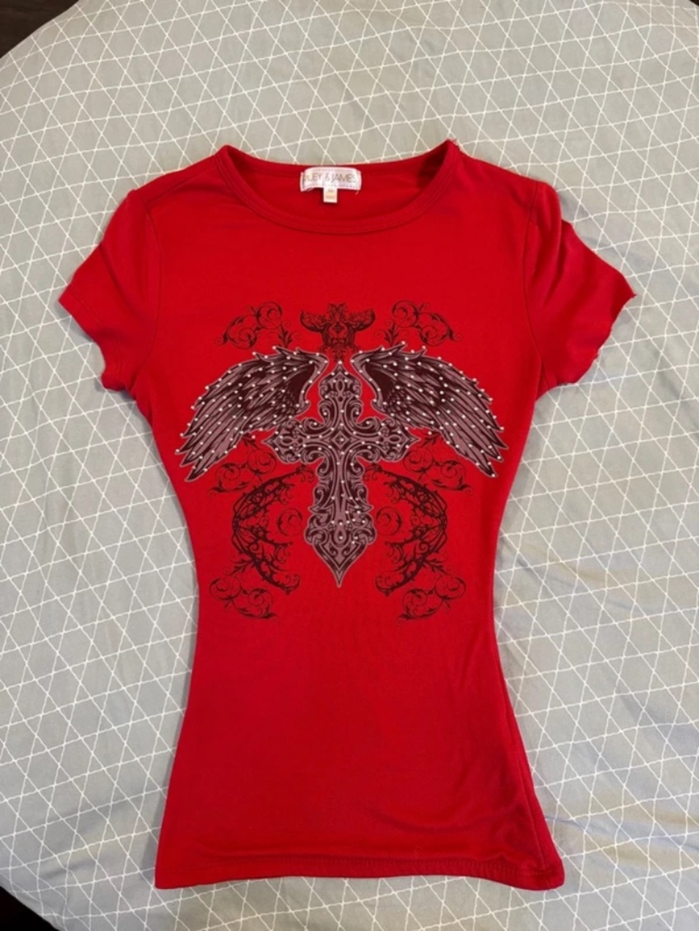 Red Y2K graphic tee with rhinestones